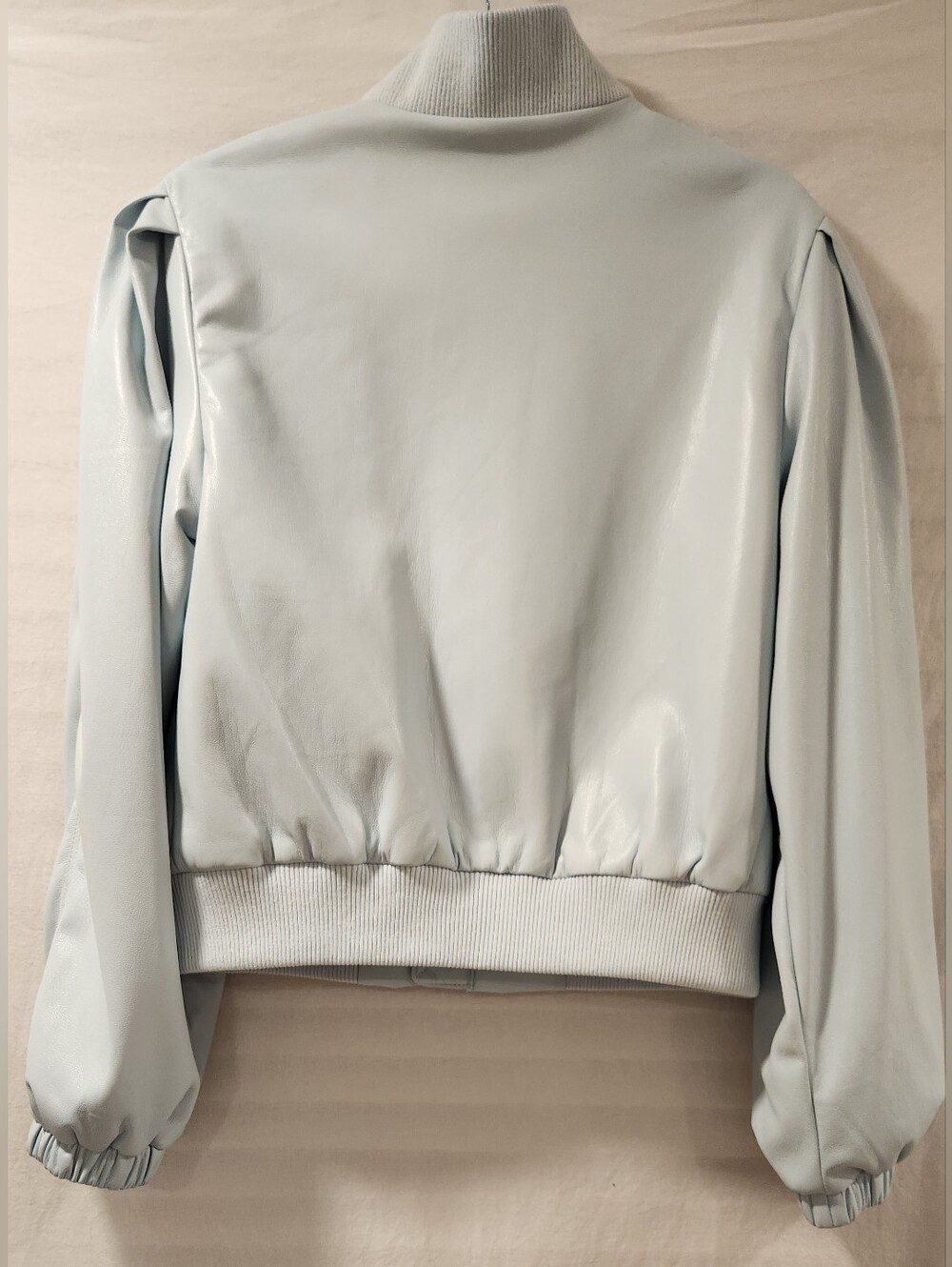 House Of Harlow 1960 Vegan Faux Leather Puff Sleeve Blue Bomber Jacket Size M - Picture 2 of 6